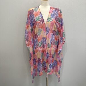 America & Beyond Poncho Shawl Firnge Top Large Pink Blue Purple Yellow Green